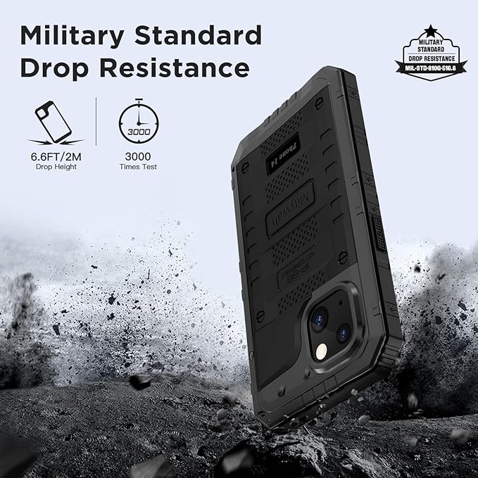 Mitywah Waterproof Case for iPhone 14, Heavy Duty Shockproof Case with Built-in Screen Protector, Full Body Underwater Protective Metal Case 6.1 inch, Black