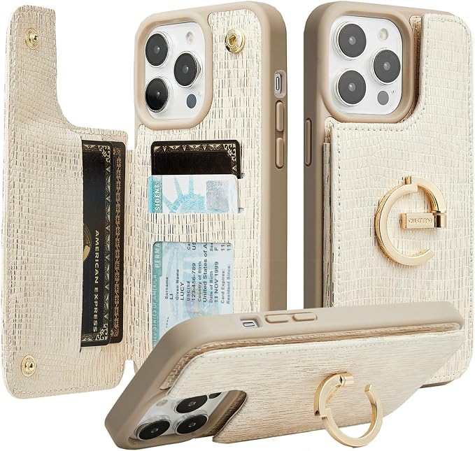 CUSTYPE for iPhone 13 Pro Wallet Case with Card Holder, Bling Leather Case with Ring Holder Kickstand Card Slots for Women and Men for iPhone 13Pro 6.1"-Nude
