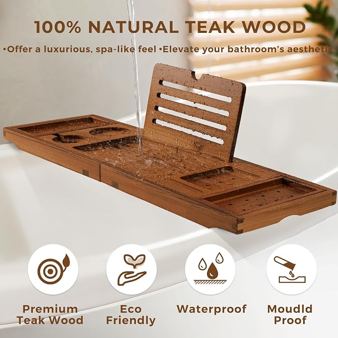 Teak Bathtub Tray, Luxury Bath Table Tray with Wine Glass and Phone Holders & Book Stand, Foldable Wooden Bathtub Caddy for Home Spa Relaxation, Bath Gift for Women（Natural Teak）