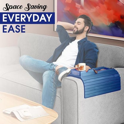 Couch Cup Holder Tray with 2 Cork Coasters, Couch Caddy, Anti-Slip Foldable Armrest Sofa Tray, Couch Armrest Table, Anti-Spill Holder for Remote, Snacks, Cellphone - Ideal Gift (Blue)