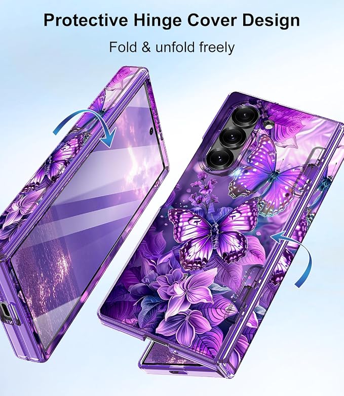 Btscase for Samsung Galaxy Z Fold 6 Case,Built in Front Screen Protector,Gold Glitter Marble Pattern Hard PC Slim Shockproof Full Body Drop Protective Case for Galaxy Z Fold 6 5G, Purple Butterfly