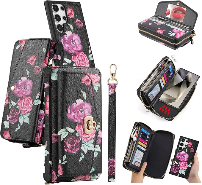 LITOU Compatible for Samsung Galaxy S26 Plus Crossbody Phone Case,Detachable Magnetic,Card Holder,Zipper Leather Wallet Wrist Lanyard Strap Case for Women Men.BlackFlower