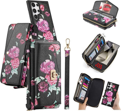 LITOU Compatible for Samsung Galaxy S26 Plus Crossbody Phone Case,Detachable Magnetic,Card Holder,Zipper Leather Wallet Wrist Lanyard Strap Case for Women Men.BlackFlower