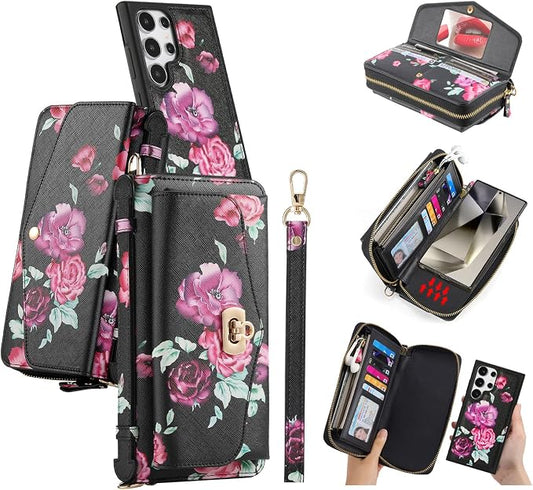 LITOU Compatible for Samsung Galaxy S26 Plus Crossbody Phone Case,Detachable Magnetic,Card Holder,Zipper Leather Wallet Wrist Lanyard Strap Case for Women Men.BlackFlower