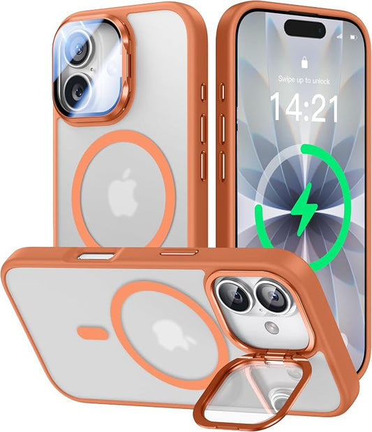 [Upgraded Full Camera Protection] for iPhone 17 Case with Camera Cover Stand [Fit for MagSafe][10FT Mil-Grade Protection] Translucent Magnetic iPhone 17 Phone Case, Orange