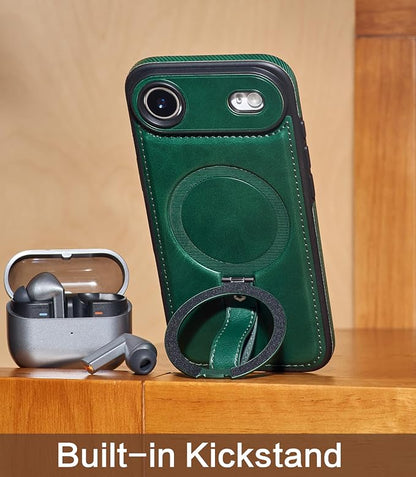 for iPhone Air Leather Case with Stand, Anti-Slip Grip Ring, Fits for MagSafe (Green,iPhone Air)