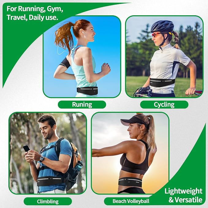 Slim Running Belt Fanny Pack for Men Women, Running Phone Holder, Waist Pack Runners Bag Money Belt with 3 Separate Zipper Pouch to Store Your Phone Key Money Safe, Waist Bag-Black