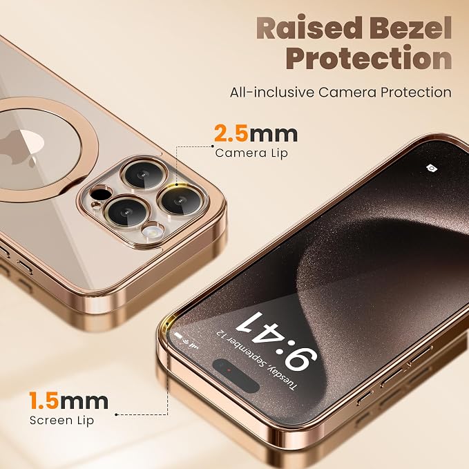 Desert Titanium for iPhone 15 Pro Max Case With 360° Spin Magnetic Stand,[Compatible With Magsafe] [Military Protection][Built-in Ring Holder]Shockproof Phone Case for 15 Pro Max,Rose Gold/Clear