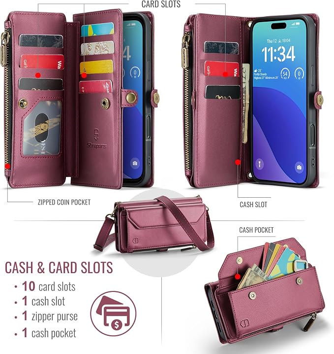Strapurs Wallet Case Compatible with iPhone 16 Pro Max 6.9" RFID Blocking 10-Card Holder Soft PU Leather Magnetic Snap Shoulder Strap Zipper Pocket Phone Case Fit for iPhone 16 Pro Max - Wine Red