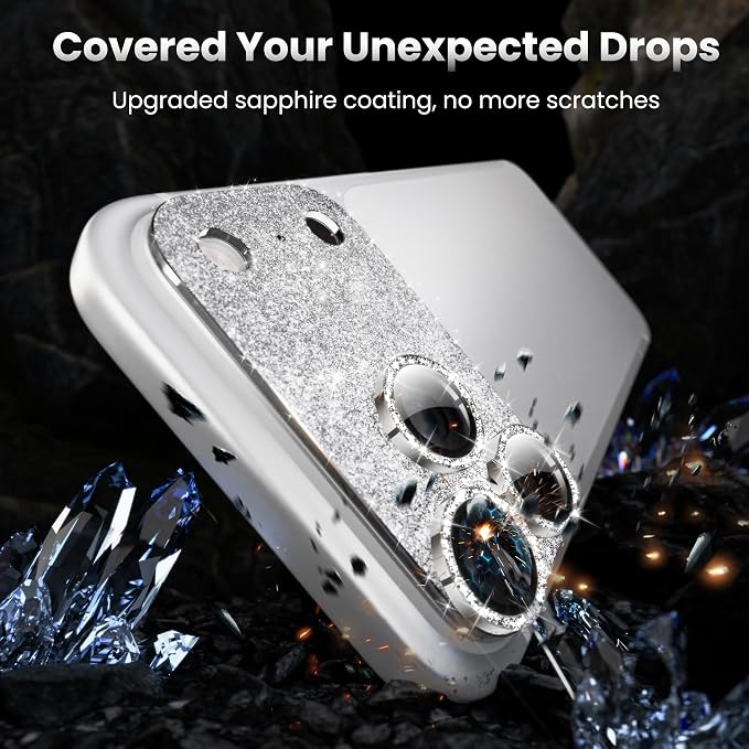YWXTW for iPhone 17 Pro Camera Lens Protector, [Upgraded Glitter Design] Full Bling Sparkly Diamond Tempered Glass Screen Protector Metal Camera Cover Accessories (Glitter Silver, iPhone 17 Pro)