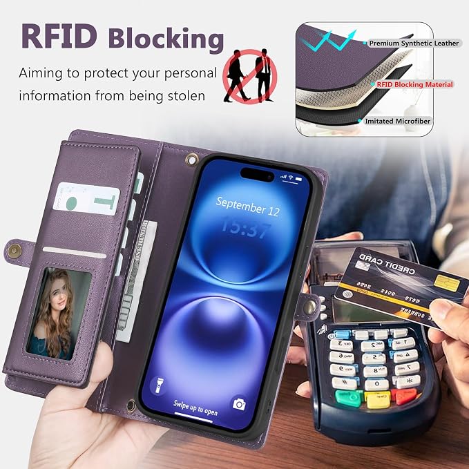 Wallet Case for iPhone 16 with Card Holder/Crossbody Wallet/Strap| RFID Blocking | Magnetic | Kickstand | Detachable | PU Leather Phone Case for iPhone 16,6.1 in,Purple