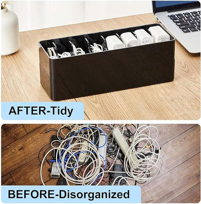 Tatuo 1 Pcs Cord Organizer for Drawer Desktop, Cable Organizer Box with 8 Compartments and Wire Ties, Plastic Charger Storage with Lid, Electronics Case for Home Office Accessories (Small,Black)