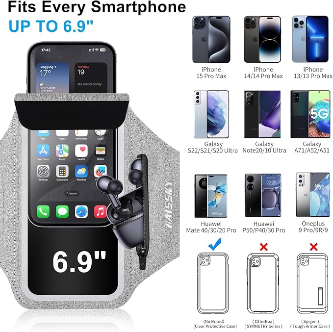 Cell Phone Running Armband with Earbuds Zipper Pocket Armband Case Running Holder for iPhone 16 Pro Max/15/14 Pro Max/13/12 /11 Pro Max/XS/XR,Galaxy S20 S10,Sweatproof Arm Band with Card/Key Bag