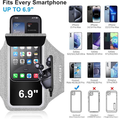 Cell Phone Running Armband with Earbuds Zipper Pocket Armband Case Running Holder for iPhone 16 Pro Max/15/14 Pro Max/13/12 /11 Pro Max/XS/XR,Galaxy S20 S10,Sweatproof Arm Band with Card/Key Bag