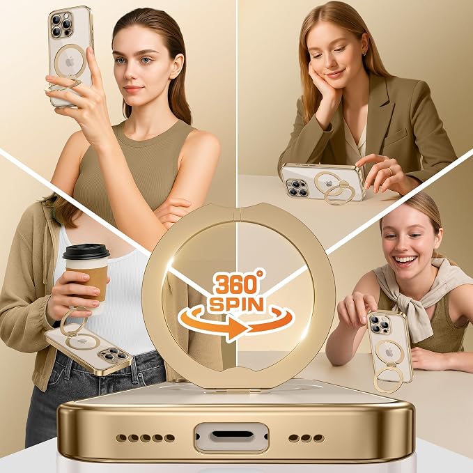 GolbinBox for iPhone 16 Pro Max Case with 360° Spin Magnetic Stand,[Compatible with Magsafe] [Military Protection][Built-in Ring Holder] Camera Control Phone Case for 16 Pro Max,Gold/Clear