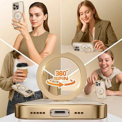 GolbinBox for iPhone 16 Pro Case with 360° Spin Magnetic Stand,[Compatible with Magsafe] [Military Protection][Built-in Ring Holder] Camera Control Phone Case for 16 Pro,Gold/Clear