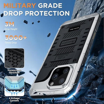 Beasyjoy for iPhone 16 Pro Max Case Waterproof, Metal Heavy Duty Full Body Protective Case with Built-in Screen Protector, Military Grade Shockproof Defender Cover for iPhone 16 Pro Max 6.9", Silver