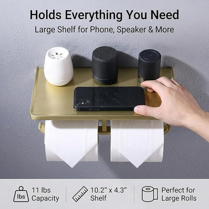 Dual Roll Toilet Paper Holder with Phone Shelf, Solid Metal Bathroom Accessory Tissue Dispenser Storage Wall Mounted, Spot Resist, Brushed Gold