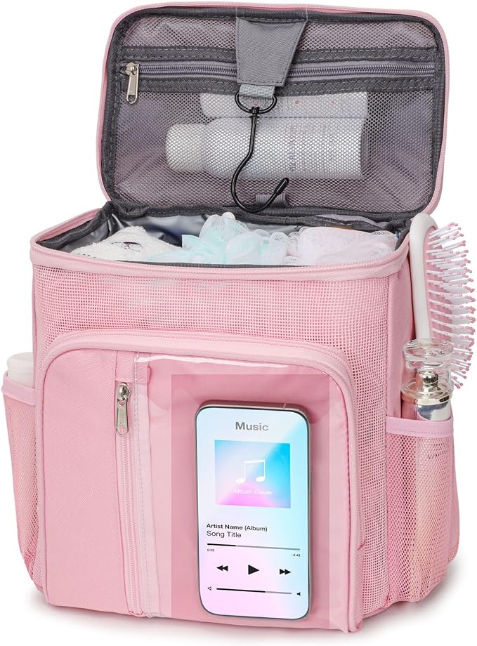 F-color Shower Caddy Portable for College Dorm Essentials - Large Hanging Sturdy Handle Toiletry Tote Bag with Hook, Multiple Pockets, Quick Dry Organizer for Camping, Travel, Gym, Pink