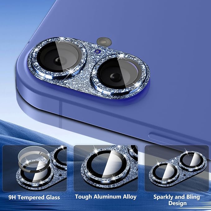 Camera Lens Protector for iPhone 16/iPhone 16 Plus, Bling Glitter Camera Cover with 9H Tempered Glass Metal Ring, Anti-Scratch Lens Protector for iPhone 16/iPhone 16 Plus (Glitter - Blue)