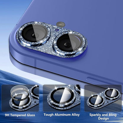 Camera Lens Protector for iPhone 16/iPhone 16 Plus, Bling Glitter Camera Cover with 9H Tempered Glass Metal Ring, Anti-Scratch Lens Protector for iPhone 16/iPhone 16 Plus (Glitter - Blue)