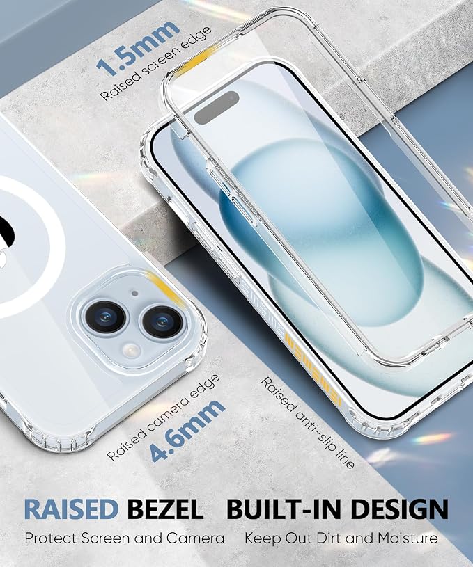 Compatible with iPhone 15 Plus Case Clear, Built-in Screen Protector, with Camera Lens Protector, [Compatible with MagSafe] Full Body Phone Case, Protective Cover for 15Plus 6.7" (Clear)