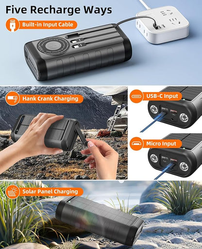Solar Portable Charger Power Bank 59800mAh, Outdoor Waterproof Battery Pack, 3 Built in Cables & Hand Crank, 6 Outputs, 15W Wireless Charging, Emergency LED Flashlight for Camping Hiking Travel