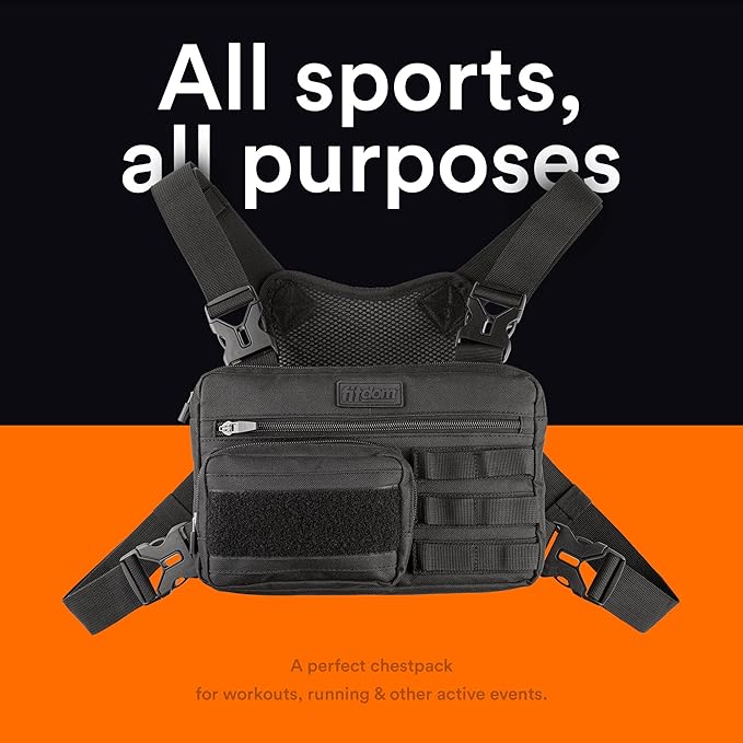 Fitdom Tactical Inspired Lightweight Running Chest Pack For Men With Built-In Phone Holder. A Sports Utility Rig Vest Made For Workouts And Outdoor
