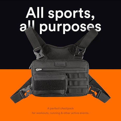 Fitdom Tactical Inspired Lightweight Running Chest Pack For Men With Built-In Phone Holder. A Sports Utility Rig Vest Made For Workouts And Outdoor