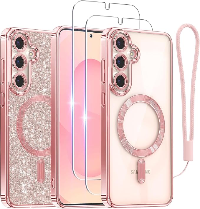 Meifigno Case Designed for Samsung Galaxy S25 6.2 inch, [Compatible with MagSafe] [2X HD Screen Protectors] [Glitter Card & Wrist Strap] Surround Lens Protection Case for Galaxy S25, Rose Gold