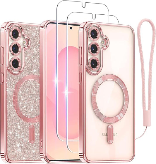 Meifigno Case Designed for Samsung Galaxy S25 6.2 inch, [Compatible with MagSafe] [2X HD Screen Protectors] [Glitter Card & Wrist Strap] Surround Lens Protection Case for Galaxy S25, Rose Gold