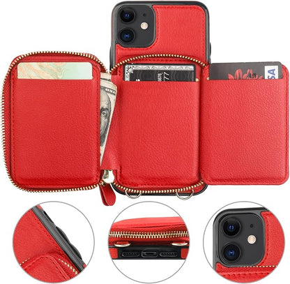 Bocasal RFID Blocking Wallet Case for iPhone 11, Adjustable Crossbody Zipper Purse Case Card Holder with Kickstand Detachable Wrist Strap, PU Leather Flip Folio Case 6.1 Inch (Red)