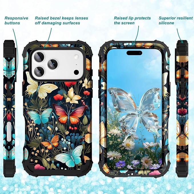 Hocase for iPhone 17 Pro Case 6.3", Heavy Duty Shockproof Protection Soft Silicone Rubber+Hard Plastic Bumpers Hybrid Protective Case for iPhone 17 Pro 2025 - Joyful Butterfly