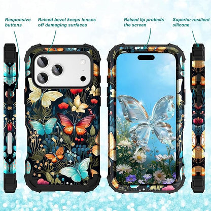 Hocase for iPhone 17 Pro Case 6.3", Heavy Duty Shockproof Protection Soft Silicone Rubber+Hard Plastic Bumpers Hybrid Protective Case for iPhone 17 Pro 2025 - Joyful Butterfly