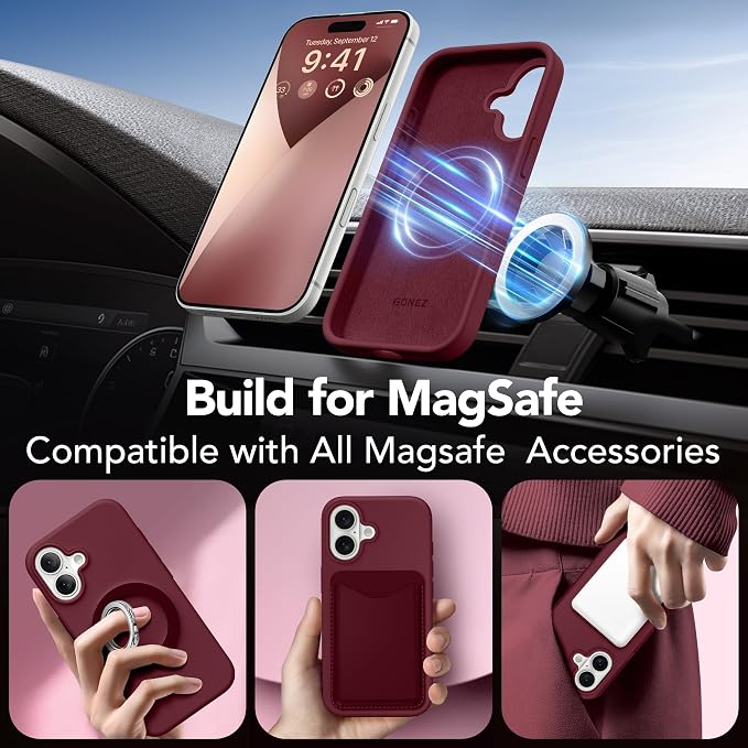 GONEZ Magnetic for iPhone 17 Case, Compatible with MagSafe, [Screen Protector + Camera Lens Protector], Liquid Silicone Anti-Scratch Shockproof Protective Phone Case 6.3 inch, Maroon