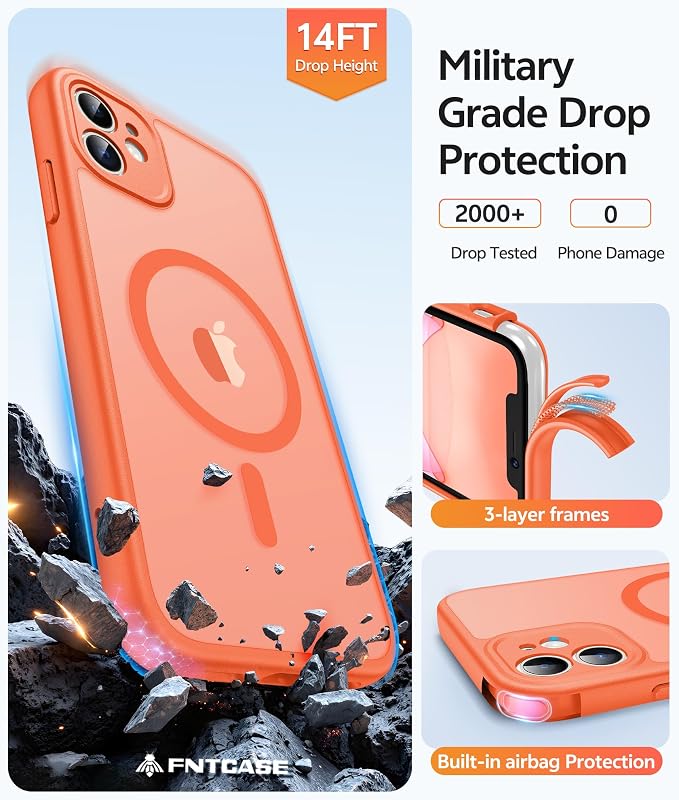 FNTCASE for iPhone 11 Case: [Compatible with Magsafe] Translucent Matte Magnetic Cases [Full Camera Protection] Military Grade Shockproof Protective Phone Cover - Orange