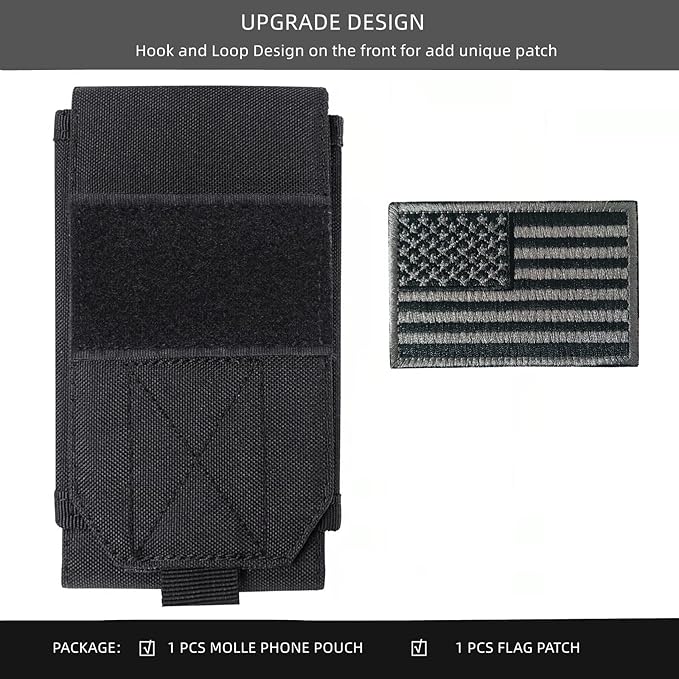 Black Tactical Molle Cellphone Pouch Case,Heavy Duty Waterproof Phone Holster Bag for iPhone 14 15 16 Pro Max for Samsung S24 S23 Ultra S22 Plus Note 20 A13 Less 6.7" Phone with US Flag Patch