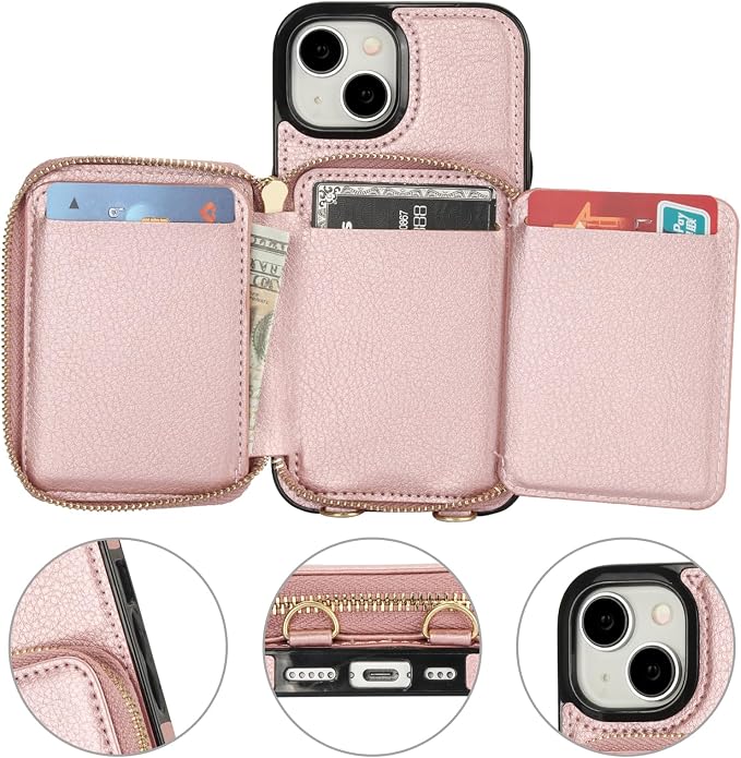 Bocasal RFID Blocking Wallet Case for iPhone 15, Adjustable Crossbody Zipper Purse Case Card Holder with Kickstand Detachable Wrist Strap, PU Leather Flip Folio Case 6.1 Inch 5G (Rose Gold)