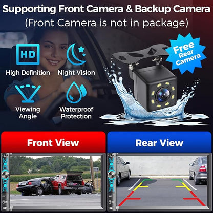7" Double Din Car Stereo with Wireless Apple Carplay & Android Auto, Bluetooth, 240W, SWC, Subwoofer Out, Mirror Link, USB-C/AUX/TF, FM/AM Car Radio Receiver, Backup Camera