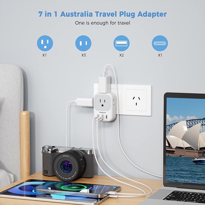 TESSAN Australia Plug Adapter, New Zealand Power Adaptor, 2 Pack | 4 Outlets 3 USB Ports (1 USB C PD 20W), Type I Travel Plug to China Argentina Fiji