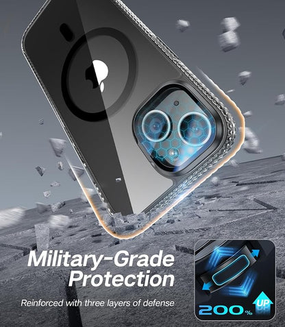 [Upgraded] for iPhone 15 Case with Camera Cover Stand [Fit for MagSafe][9H Camera Lens Protector] Mil-Grade Protection Transparent Magnetic iPhone 15 Phone Case, Clear Black