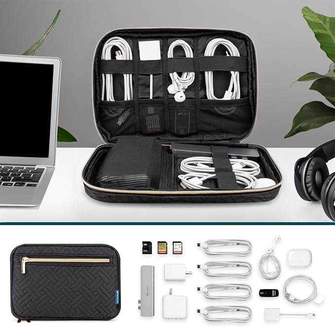 PAVILIA Travel Cord Organizer Case for Cables & Chargers, Black Quilt | 10 x 6.8 x 1.7 in 600D water-repellent electronics bag pouch with 7 loops, 5 mesh pockets, front zip pocket and dual zippers