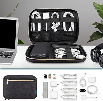 PAVILIA Travel Cord Organizer Case for Cables & Chargers, Black Quilt | 10 x 6.8 x 1.7 in 600D water-repellent electronics bag pouch with 7 loops, 5 mesh pockets, front zip pocket and dual zippers