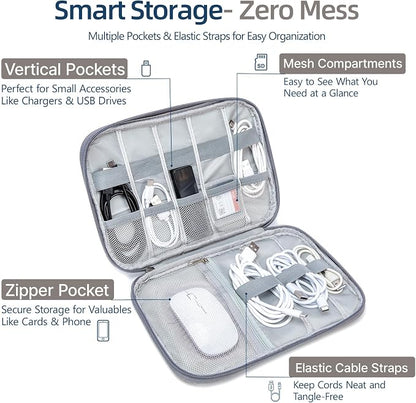 Cord Organizer Travel Case, Cable Organizer Bag for Chargers, USB Cables, Power Bank & Electronics Accessories, Portable Tech Organizer Pouch with Mesh Pockets, Water Resistant Travel Gear Bag