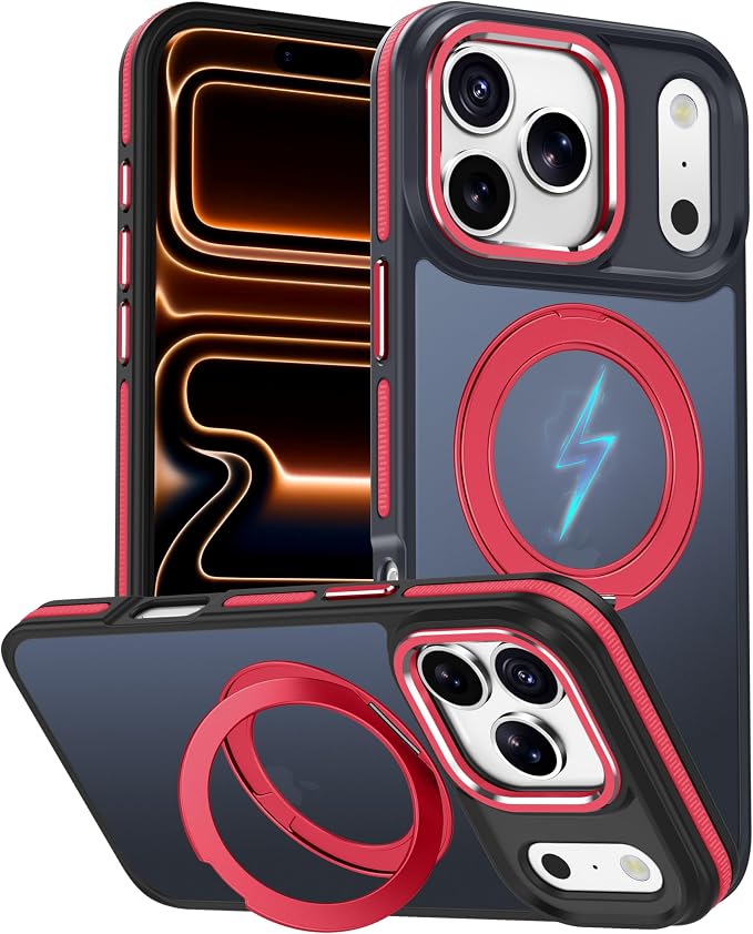 for iPhone 17 Pro Max Case with 360 Magnetic Ring Stand, Fit MagSafe, Military-Grade Shockproof Protection, Non-Slip Slim Translucent Protective Phone Cover, Red