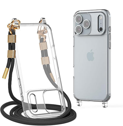 for iPhone 17 Pro Case with Strap, Clear Shockproof Crossbody Phone Cover w/Removable Anti-Theft Adjustable Lanyard for Women, Travel, Shopping, Hiking (6.3", Black)
