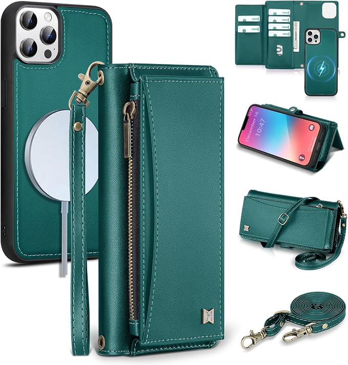Wallet Case for iPhone 13 Pro Max with Card Holder/Crossbody Wallet/Strap| RFID Blocking | Magnetic | Kickstand | Detachable | PU Leather Phone Case for iPhone 13 Pro Max,6.7 in,Green