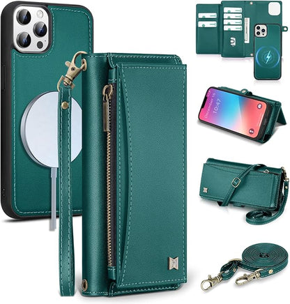 Wallet Case for iPhone 13 Pro Max with Card Holder/Crossbody Wallet/Strap| RFID Blocking | Magnetic | Kickstand | Detachable | PU Leather Phone Case for iPhone 13 Pro Max,6.7 in,Green