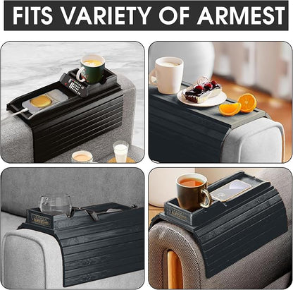 Couch Cup Holder Tray with 2 Cork Coasters, Couch Caddy, Anti-Slip Foldable Armrest Sofa Tray, Couch Armrest Table, Anti-Spill Holder for Remote, Snacks, Cellphone - Ideal Gift (Black)