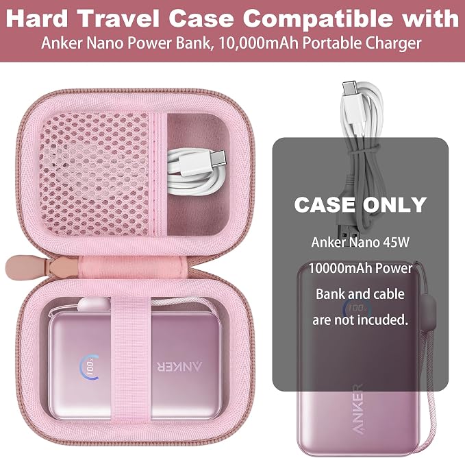 khanka Hard Travel Case Compatible with Anker Nano Power Bank (10,000mAh 45W), Protective Storage Bag for Portable Charger, Case Only (Pink)